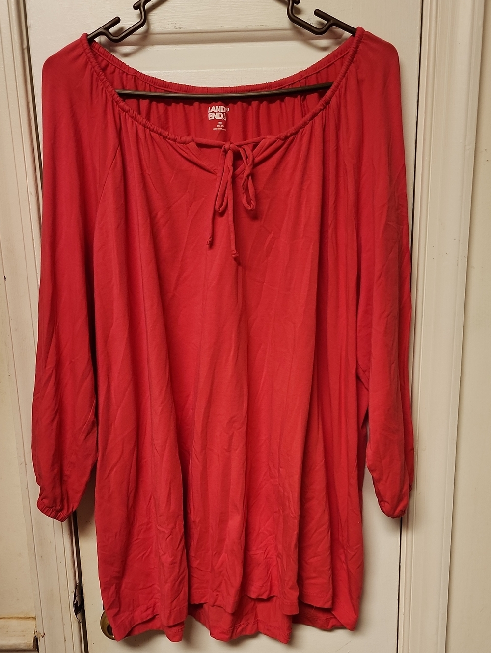 Lands' End Women's Pink Peasant Tunic with Tie Neck